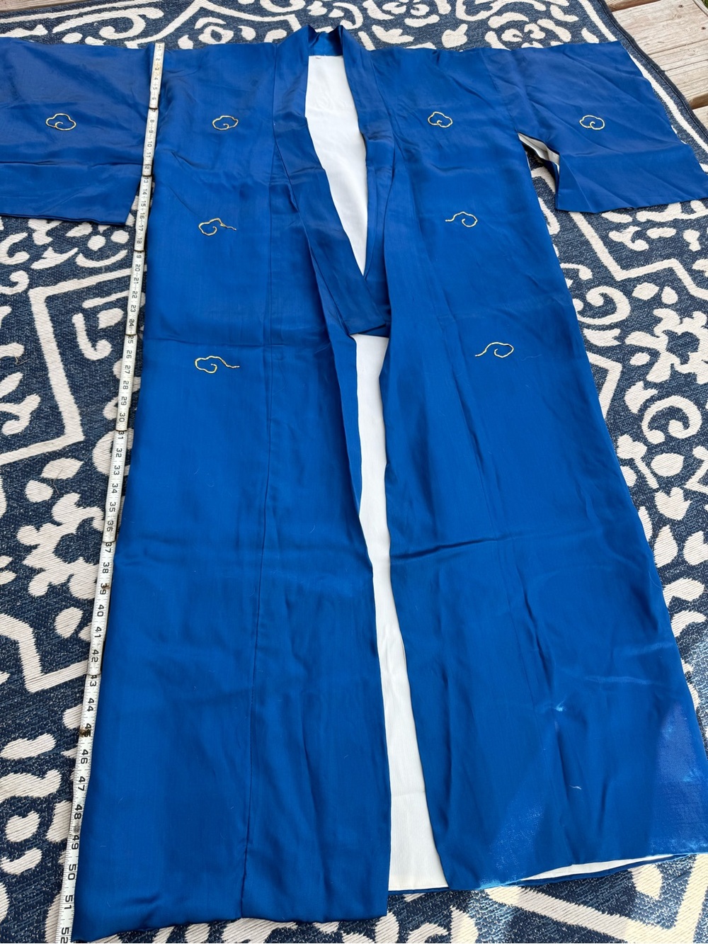 Vinntage Royal Blue Silk Kimono Robe with Golden Dragon Embroidery